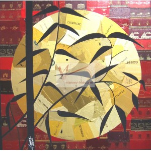 Bambous avec lune, collage métal sur bois 60 X 60cm